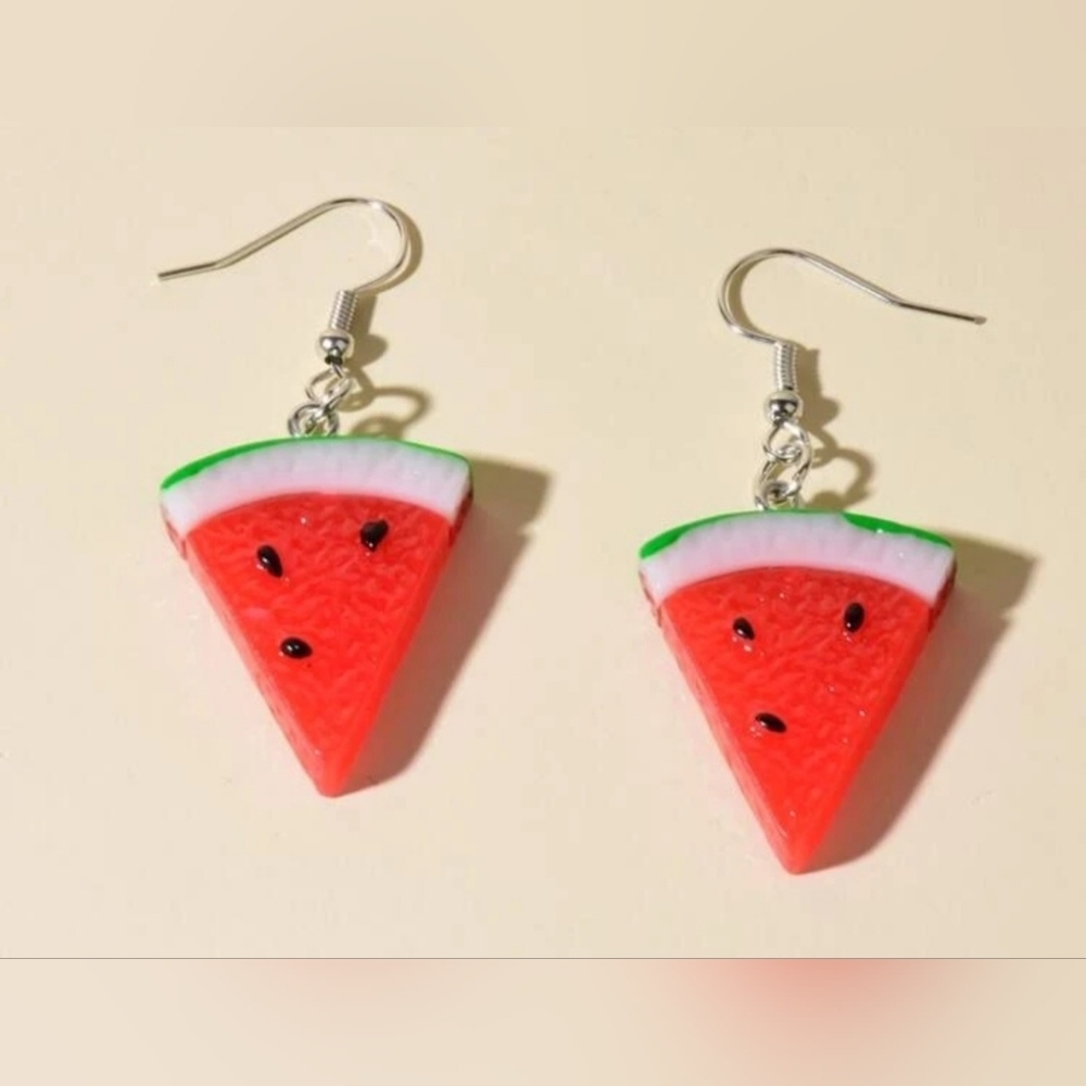 Watermelon Red & Green Dangle 1.2" Earrings Food